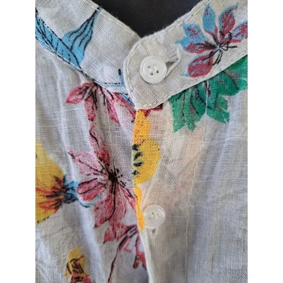 F.K. Italy Linen Floral Button-Up Blouse Mandarin Collar Floral Women XL Summer - Picture 3 of 9